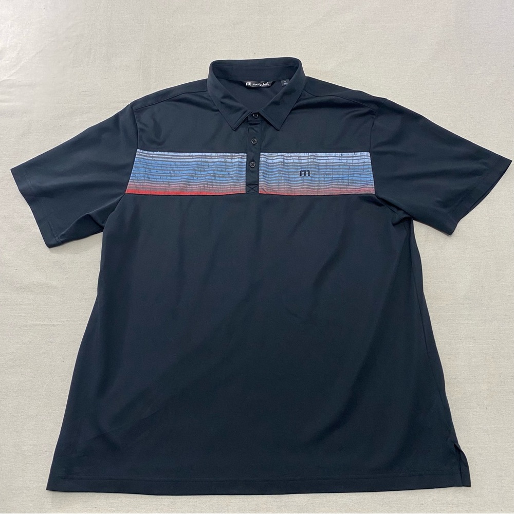 Travis Mathew Polo Shirt Mens XL Black Stripes Short Sleeve Stretch Rocket Pop